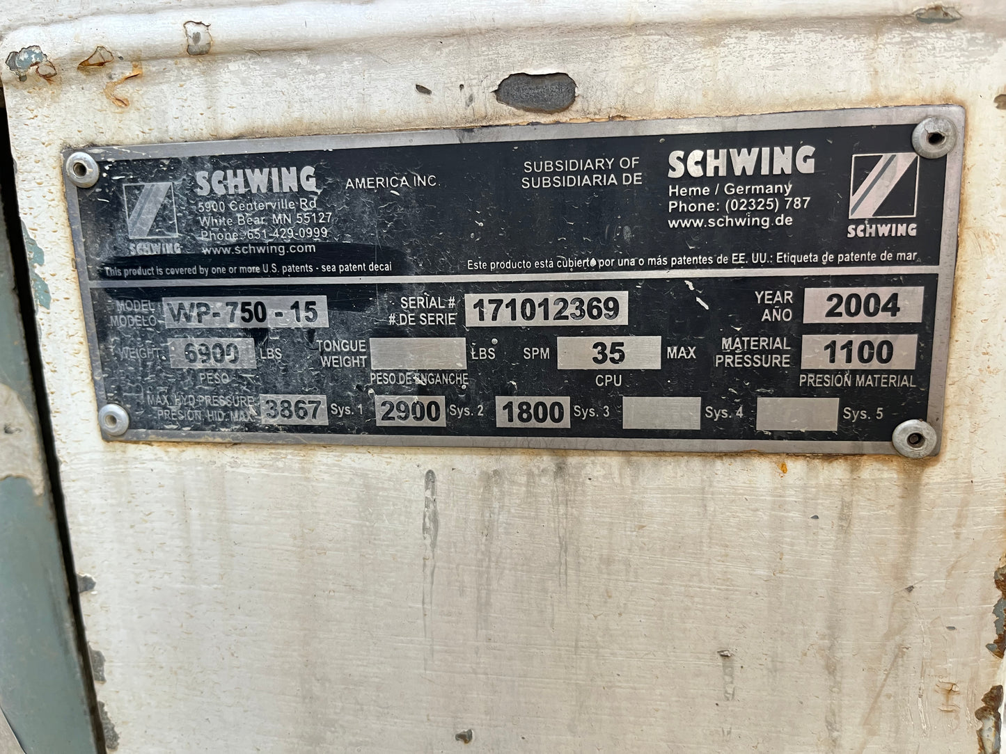 BOMBA DE CONCRETO ESTACIONARIA SCHWING 750-15 2004 LOTE 2